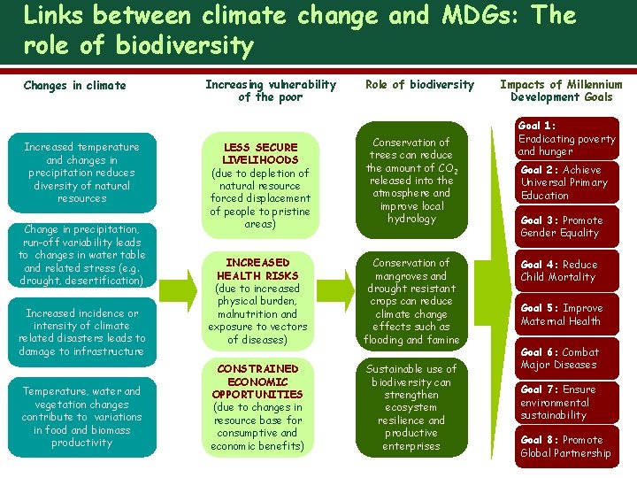 Links between climate change and MDGs: The role of biodiversity Changes in climate Increased