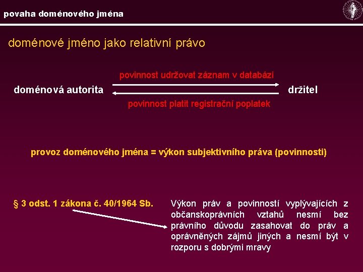 povaha doménového jména doménové jméno jako relativní právo povinnost udržovat záznam v databázi doménová