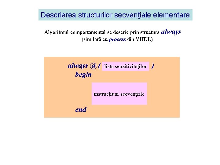 Descrierea structurilor secvenţiale elementare Algoritmul comportamental se descrie prin structura always (similară cu process