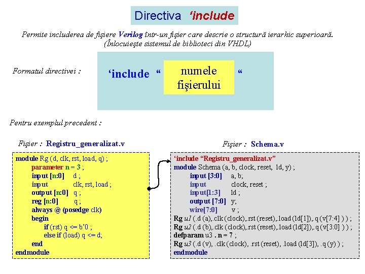 Directiva ‘include Permite includerea de fişiere Verilog într-un fişier care descrie o structură ierarhic