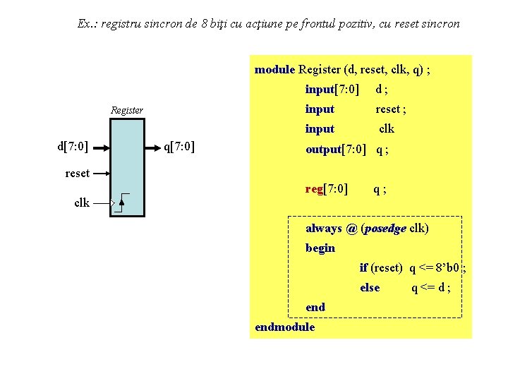 Ex. : registru sincron de 8 biţi cu acţiune pe frontul pozitiv, cu reset