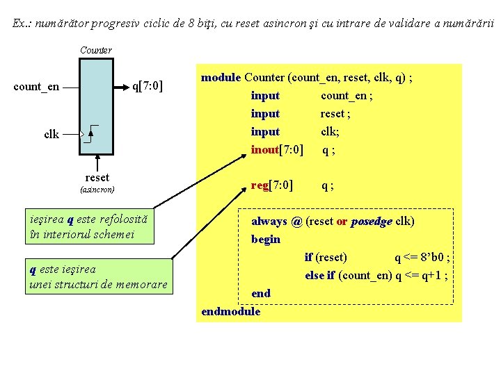 Ex. : numărător progresiv ciclic de 8 biţi, cu reset asincron şi cu intrare