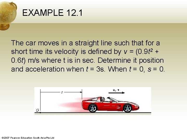 EXAMPLE 12. 1 The car moves in a straight line such that for a