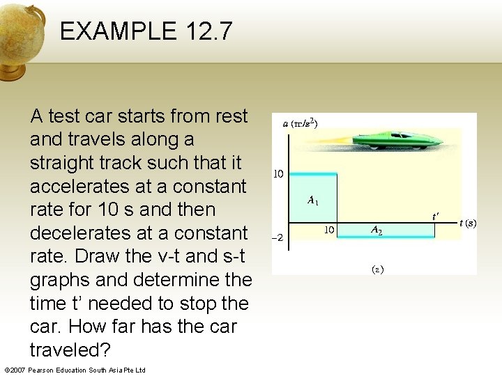 EXAMPLE 12. 7 A test car starts from rest and travels along a straight