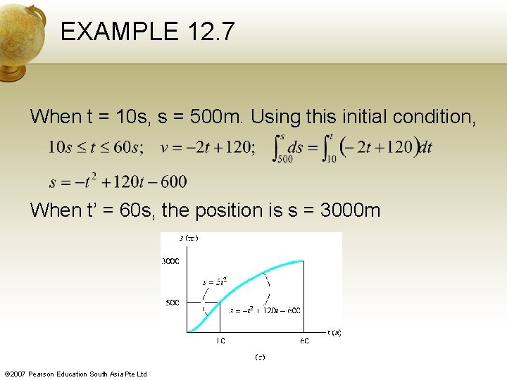 EXAMPLE 12. 7 When t = 10 s, s = 500 m. Using this