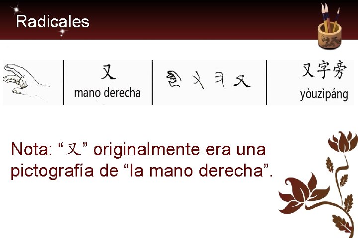 Radicales Nota: “又” originalmente era una pictografía de “la mano derecha”. 