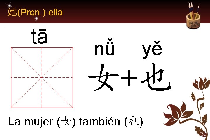 她(Pron. ) ella tā nǚ yě 女+也 La mujer (女) también (也) 