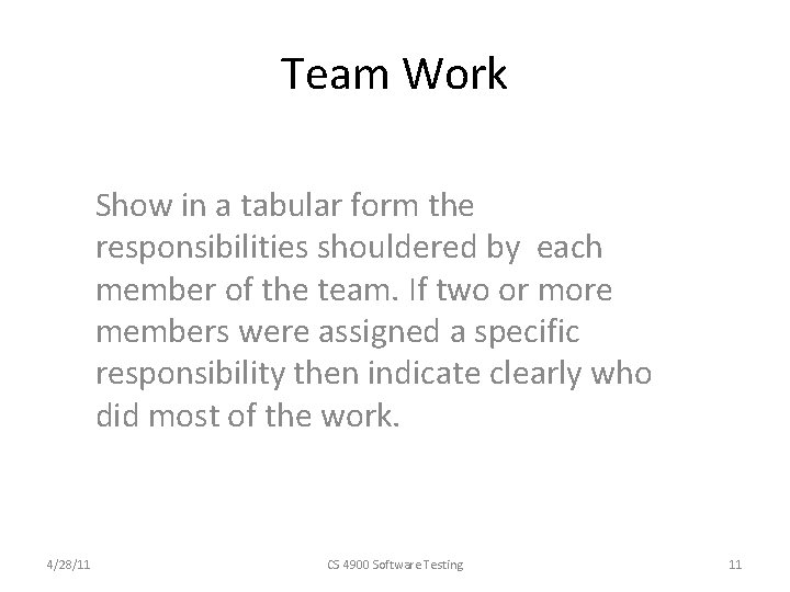 Team Work Show in a tabular form the responsibilities shouldered by each member of