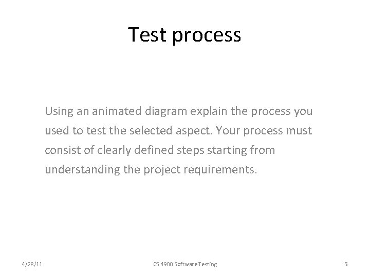 Test process Using an animated diagram explain the process you used to test the