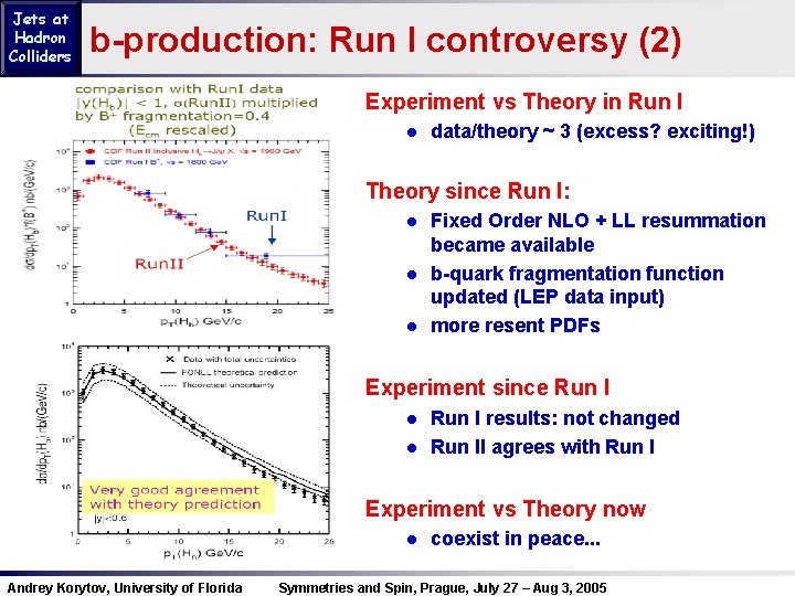 Jets at Hadron Colliders b-production: Run I controversy (2) Experiment vs Theory in Run