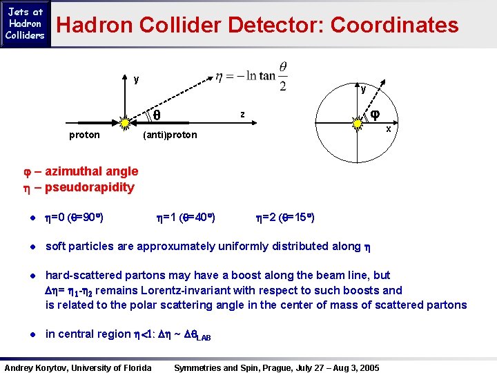 Jets at Hadron Colliders Hadron Collider Detector: Coordinates y y proton j z x