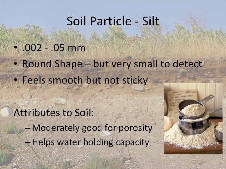 Soil Particle - Silt • . 002 -. 05 mm • Round Shape –
