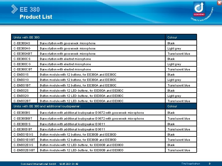 EE 380 Product List Units with EE 380: Colour C-EE 380 AS Base station