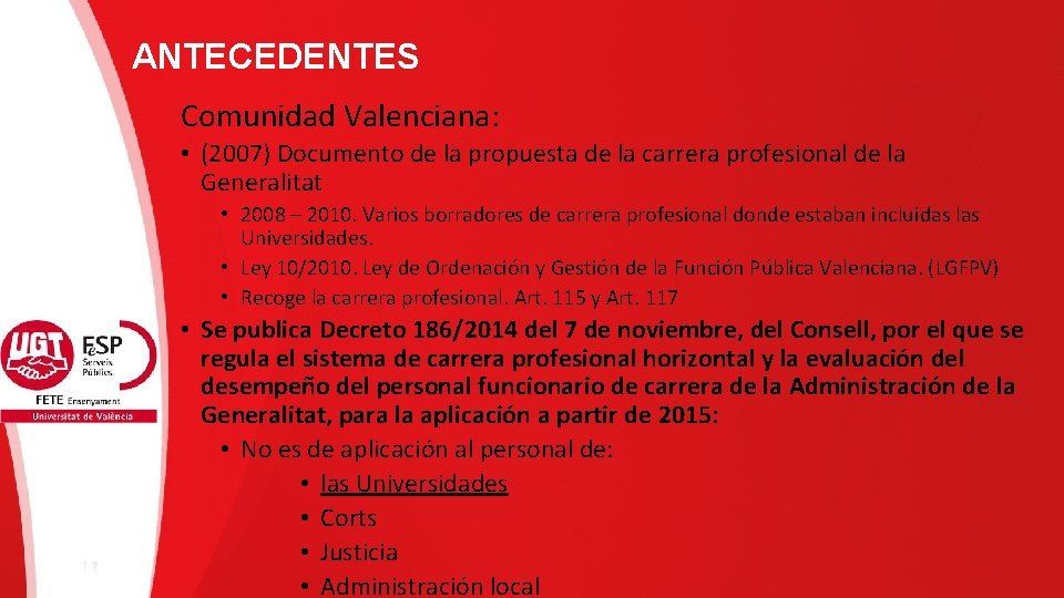 ANTECEDENTES Comunidad Valenciana: • (2007) Documento de la propuesta de la carrera profesional de