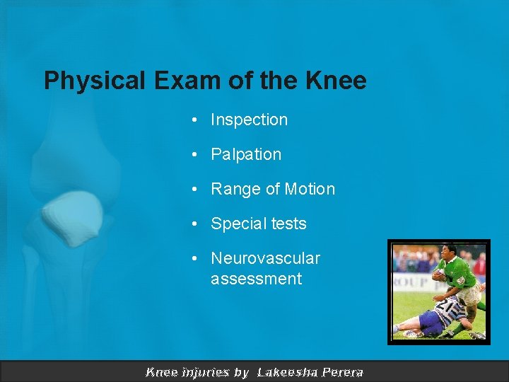 Physical Exam of the Knee • Inspection • Palpation • Range of Motion •