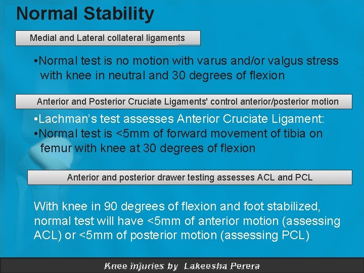 Normal Stability Medial and Lateral collateral ligaments • Normal test is no motion with