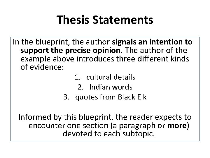 Thesis Statements In the blueprint, the author signals an intention to support the precise