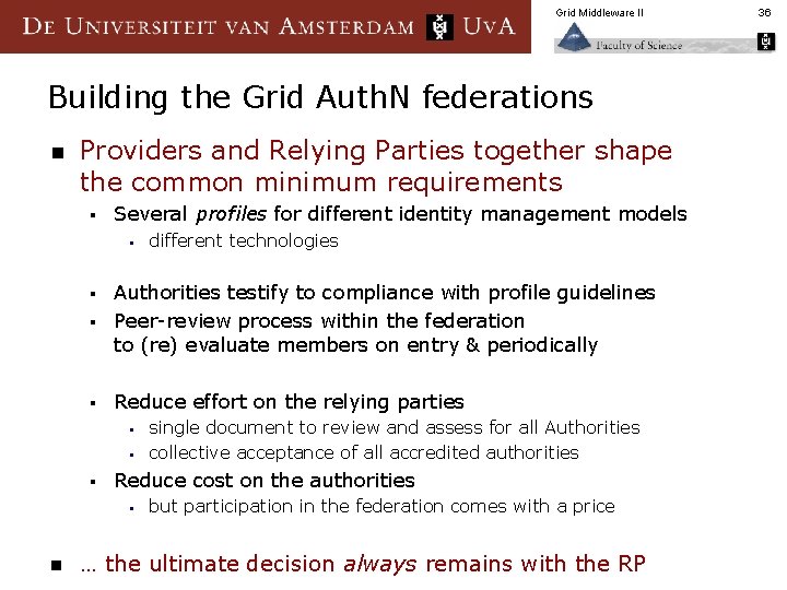 Grid Middleware II Building the Grid Auth. N federations n Providers and Relying Parties