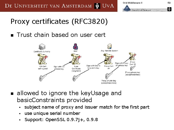 Grid Middleware II Proxy certificates (RFC 3820) n Trust chain based on user cert