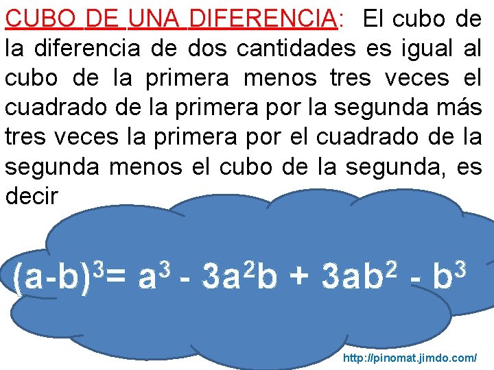 CUBO DE UNA DIFERENCIA: El cubo de la diferencia de dos cantidades es igual