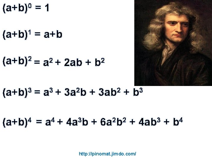 (a+b)0 = 1 (a+b)1 = a+b (a+b)2 = a 2 + 2 ab +