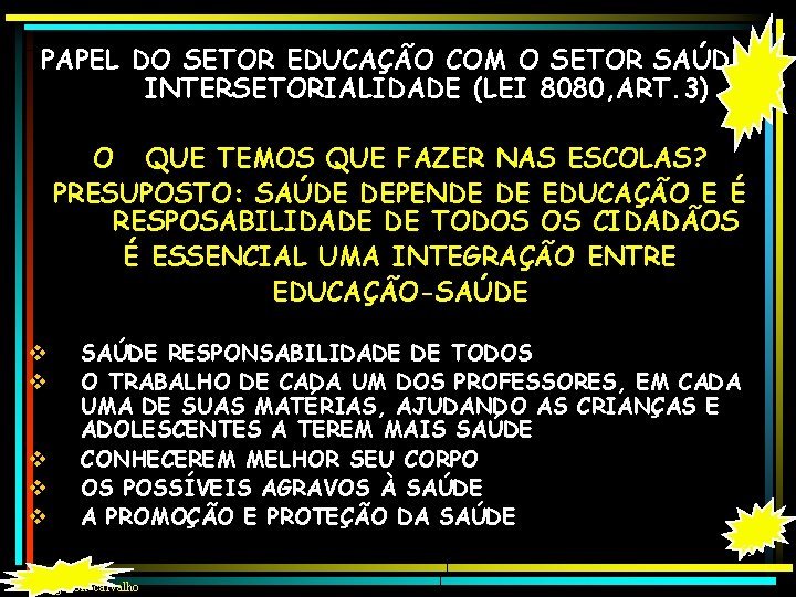 PAPEL DO SETOR EDUCAÇÃO COM O SETOR SAÚDE: INTERSETORIALIDADE (LEI 8080, ART. 3) O