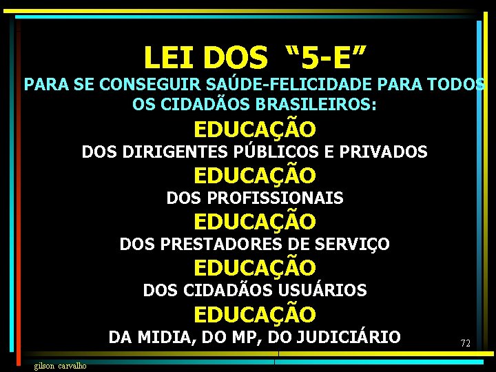 LEI DOS “ 5 -E” PARA SE CONSEGUIR SAÚDE-FELICIDADE PARA TODOS OS CIDADÃOS BRASILEIROS: