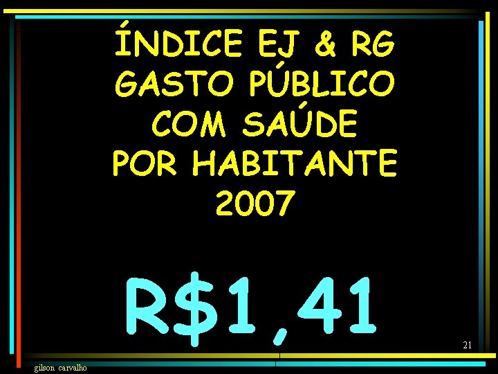 ÍNDICE EJ & RG GASTO PÚBLICO COM SAÚDE POR HABITANTE 2007 R$1, 41 gilson