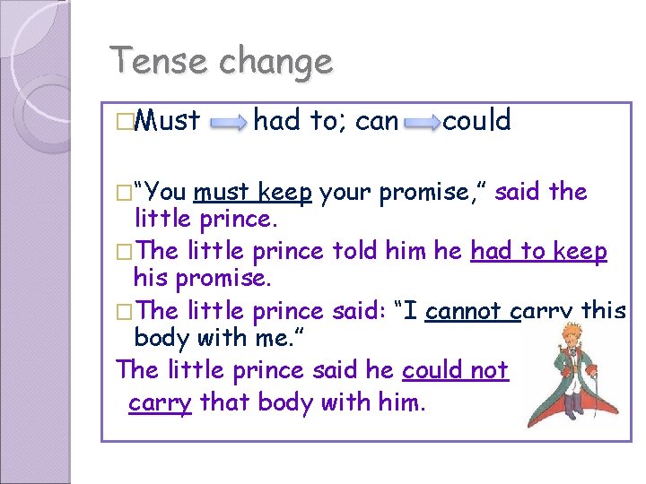 Tense change �Must �“You had to; can could must keep your promise, ” said