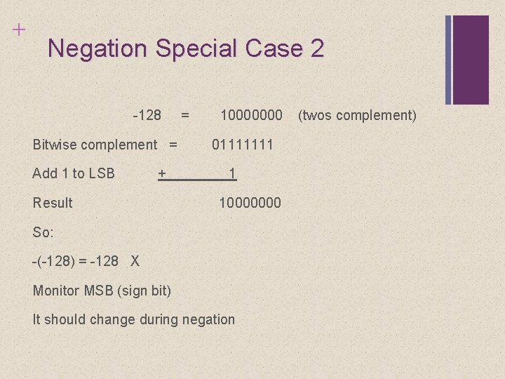 + Negation Special Case 2 -128 Bitwise complement = Add 1 to LSB +