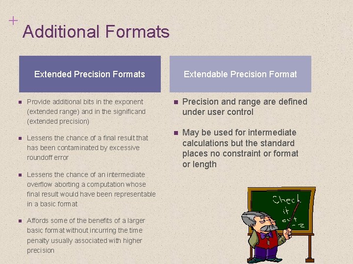 + Additional Formats Extended Precision Formats n Provide additional bits in the exponent (extended