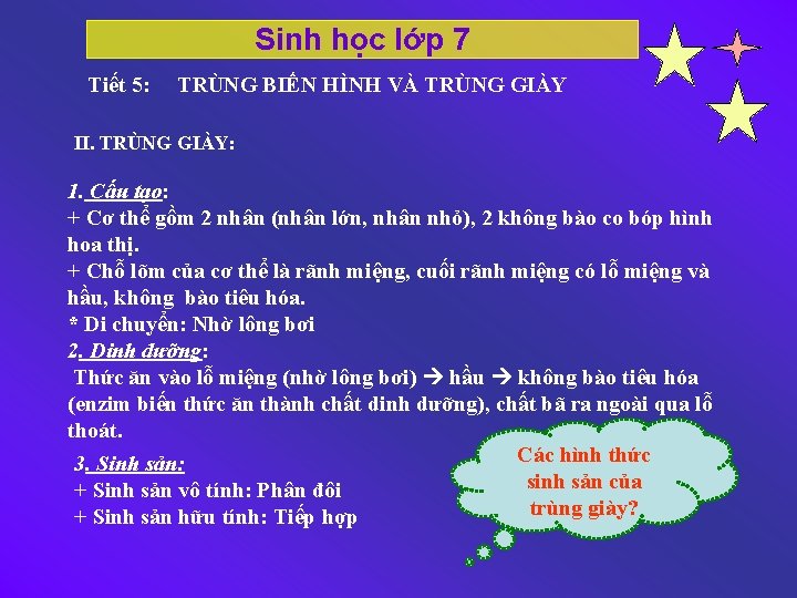 Sinh học lớp 7 Tiết 5: TRÙNG BIẾN HÌNH VÀ TRÙNG GIÀY II. TRÙNG