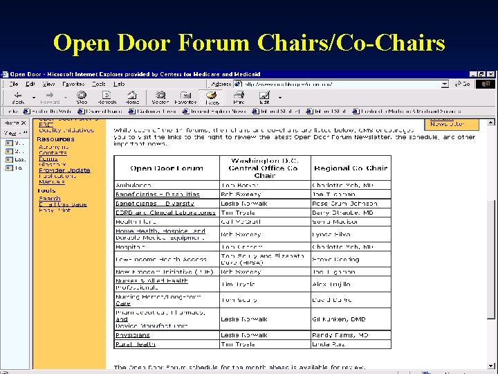 Open Door Forum Chairs/Co-Chairs Open Door Forum Chairs/Co-Chairs