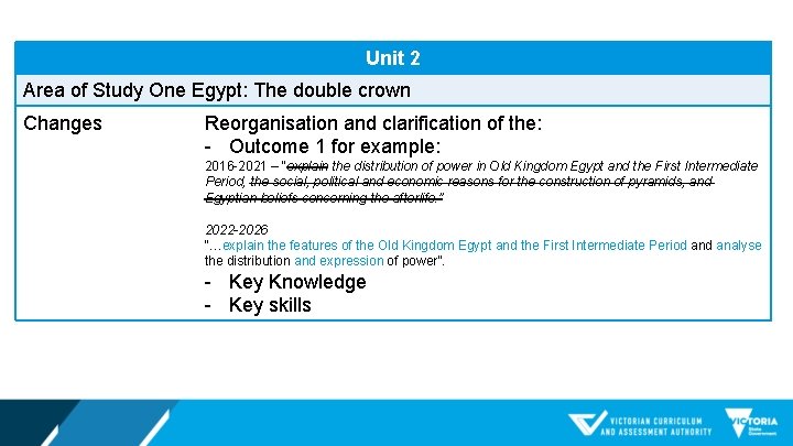 Unit 2 Area of Study One Egypt: The double crown Changes Reorganisation and clarification