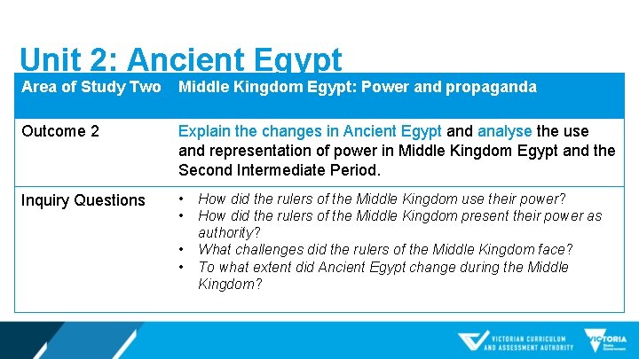 Unit 2: Ancient Egypt Area of Study Two Middle Kingdom Egypt: Power and propaganda