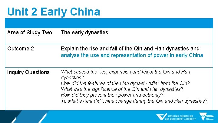 Unit 2 Early China Area of Study Two The early dynasties Outcome 2 Explain