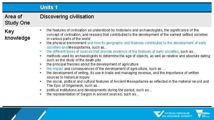 Units 1 Area of Study One Discovering civilisation Key knowledge • • • the