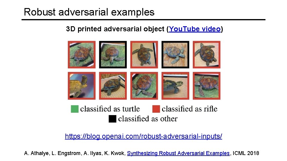 Robust adversarial examples 3 D printed adversarial object (You. Tube video) https: //blog. openai.