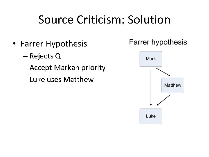 Source Criticism: Solution • Farrer Hypothesis – Rejects Q – Accept Markan priority –