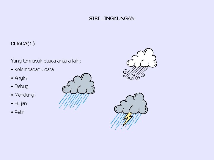 SISI LINGKUNGAN CUACA(1) Yang termasuk cuaca antara lain: • Kelembaban udara • Angin •