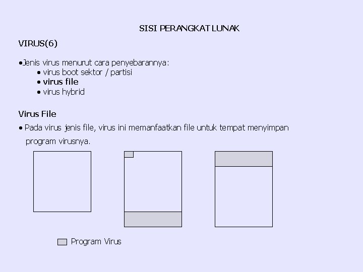 SISI PERANGKAT LUNAK VIRUS(6) ·Jenis virus menurut cara penyebarannya: · virus boot sektor /