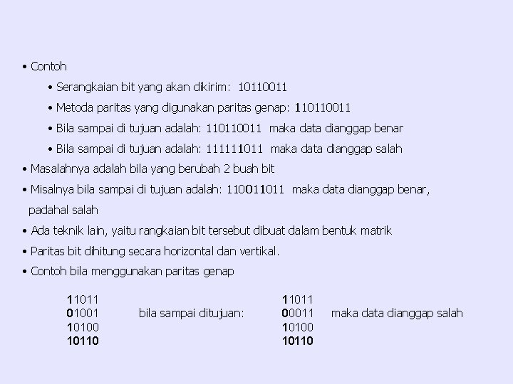  • Contoh • Serangkaian bit yang akan dikirim: 10110011 • Metoda paritas yang