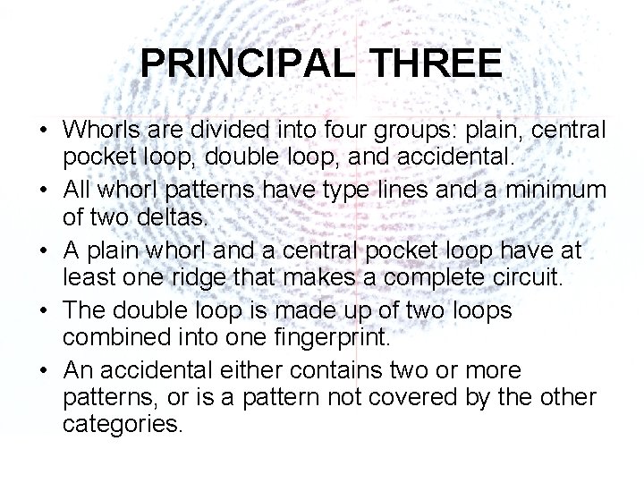 PRINCIPAL THREE • Whorls are divided into four groups: plain, central pocket loop, double