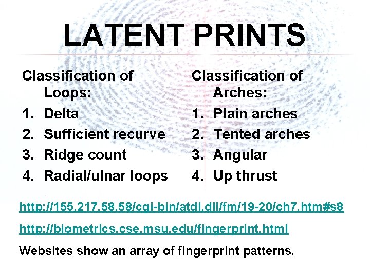 LATENT PRINTS Classification of Loops: 1. Delta 2. Sufficient recurve 3. Ridge count 4.