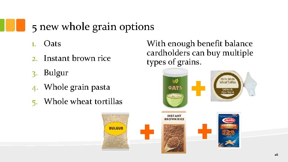 5 new whole grain options 1. Oats 2. Instant brown rice With enough benefit