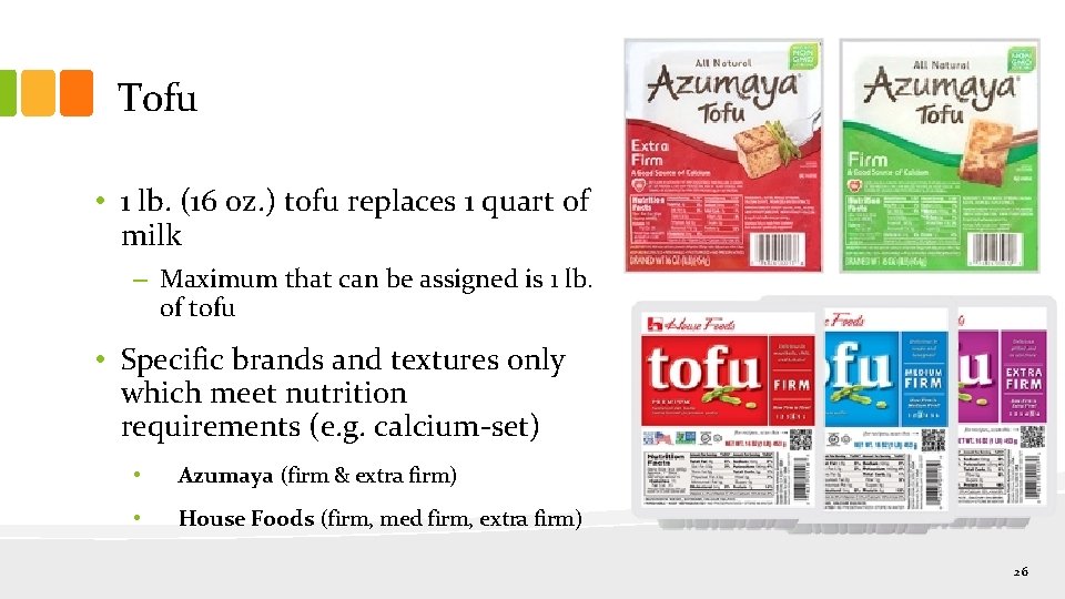 Tofu • 1 lb. (16 oz. ) tofu replaces 1 quart of milk –