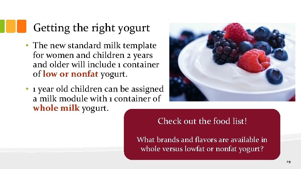 Getting the right yogurt • The new standard milk template for women and children