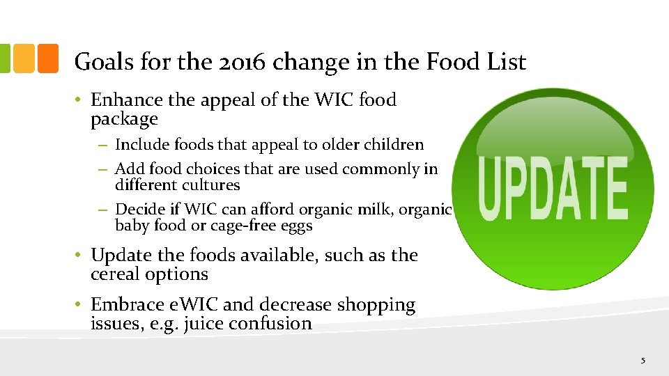 Goals for the 2016 change in the Food List • Enhance the appeal of