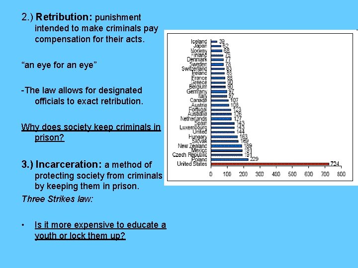 2. ) Retribution: punishment intended to make criminals pay compensation for their acts. “an