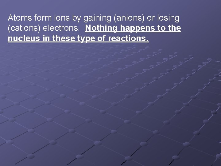 Atoms form ions by gaining (anions) or losing (cations) electrons. Nothing happens to the